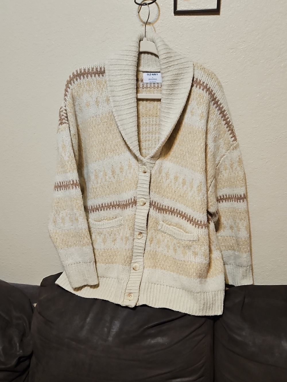 Old Navy Wool Blend Neutral Shawl Collar Button Cardigan in Cream and Beige